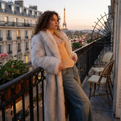 Abrigo Largo para Mujeres de Rora | Acabado de Piel Sintética, Cuello de Chal