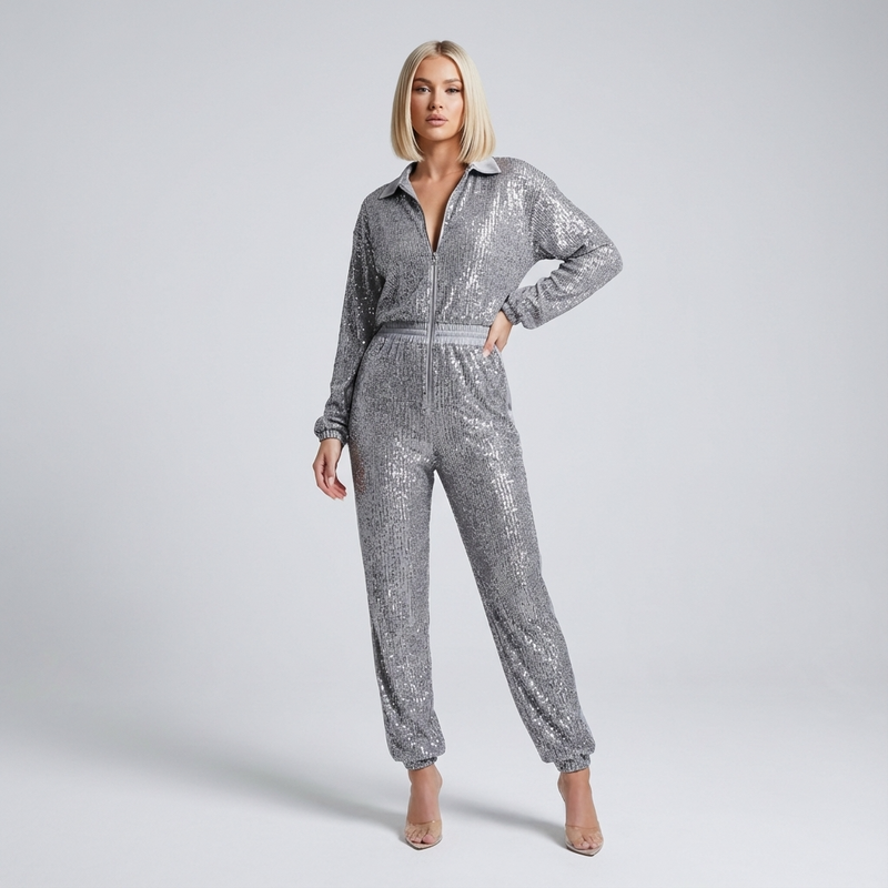 Wren Nyx Women’s Sequin Jumpsuit | Long Sleeve, Zip-Front Design