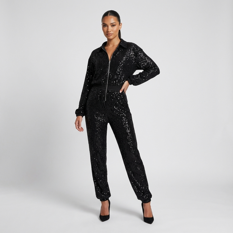 Wren Nyx Women’s Sequin Jumpsuit | Long Sleeve, Zip-Front Design