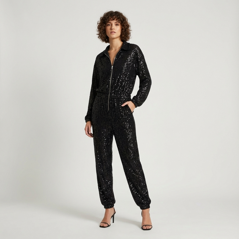 Wren Nyx Women’s Sequin Jumpsuit | Long Sleeve, Zip-Front Design
