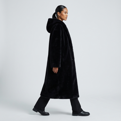 Abrigo largo con capucha de Eirene para mujer | Cierre con cremallera, Textura de piel sintética