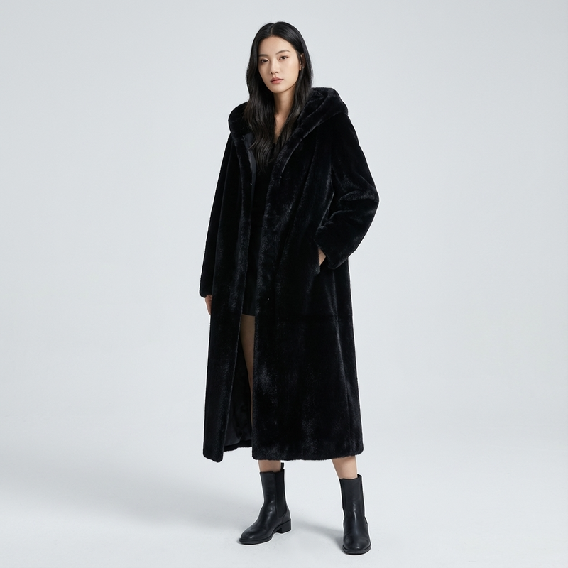 Abrigo largo con capucha de Eirene para mujer | Cierre con cremallera, Textura de piel sintética