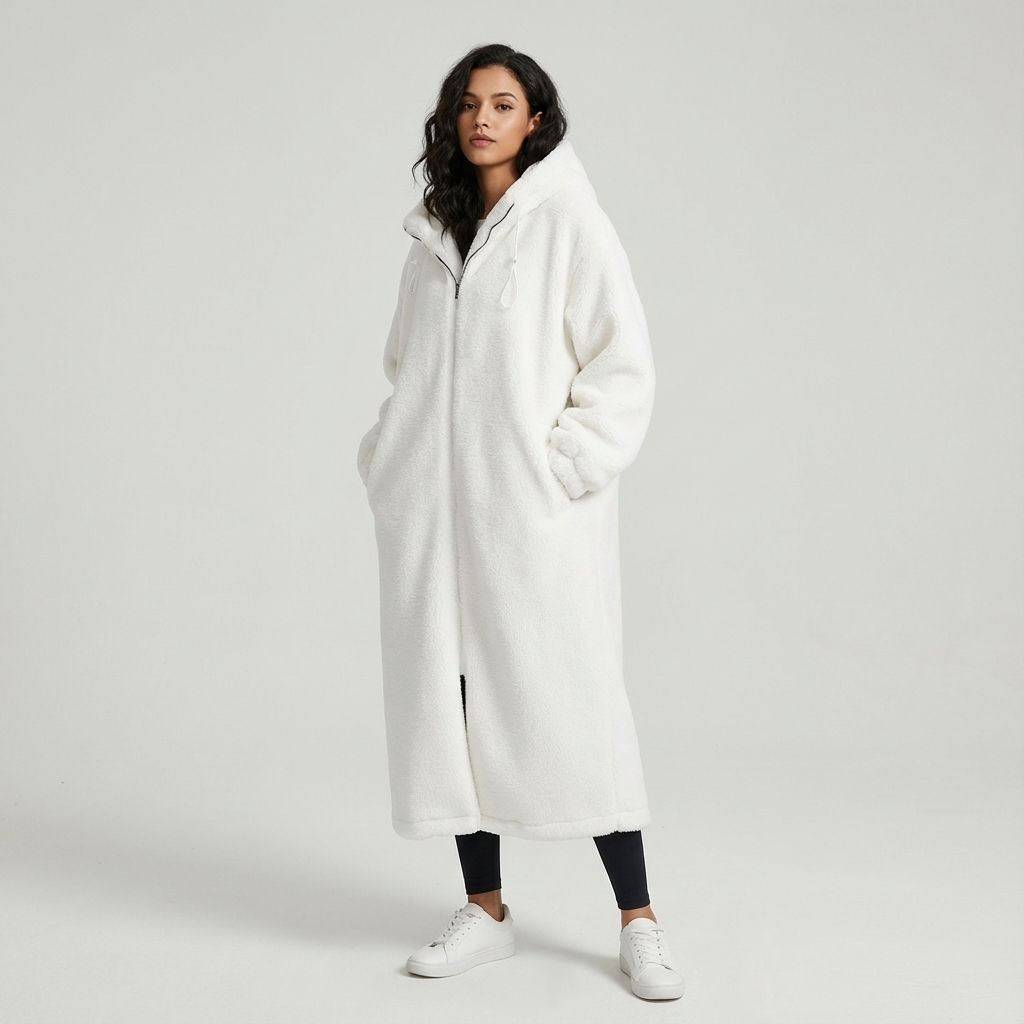 Abrigo largo con capucha de Eirene para mujer | Cierre con cremallera, Textura de piel sintética