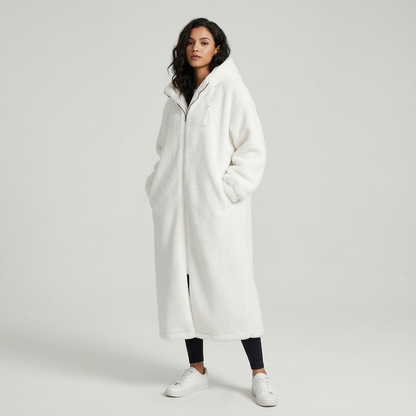 Abrigo largo con capucha de Eirene para mujer | Cierre con cremallera, Textura de piel sintética