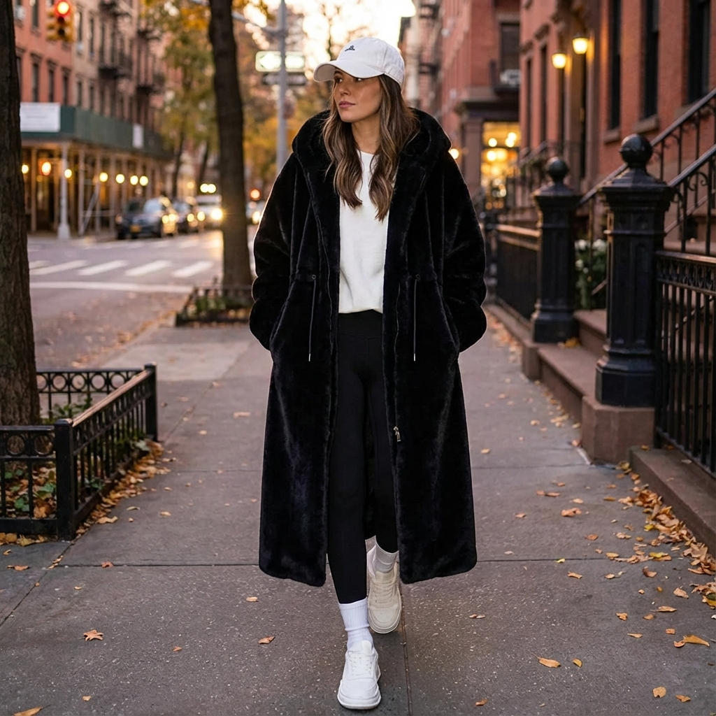 Abrigo largo con capucha de Eirene para mujer | Cierre con cremallera, Textura de piel sintética