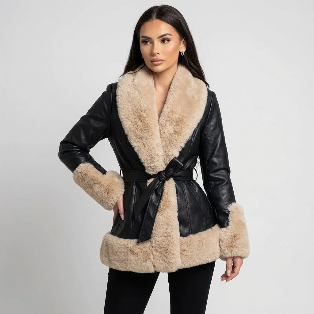 Aurora Women’s Belted Coat | Faux Fur Trim, Long Sleeves