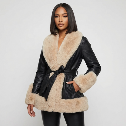 Aurora Women’s Belted Coat | Faux Fur Trim, Long Sleeves