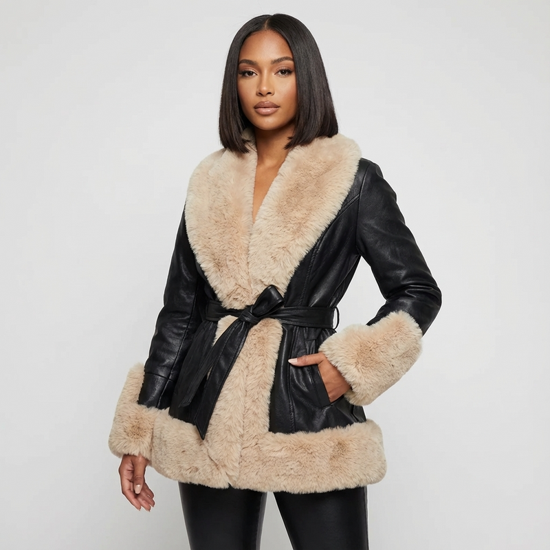 Aurora Women’s Belted Coat | Faux Fur Trim, Long Sleeves