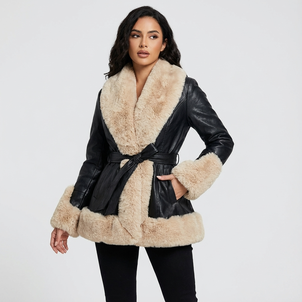 Aurora Women’s Belted Coat | Faux Fur Trim, Long Sleeves