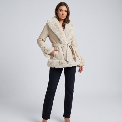 Aurora Women’s Belted Coat | Faux Fur Trim, Long Sleeves