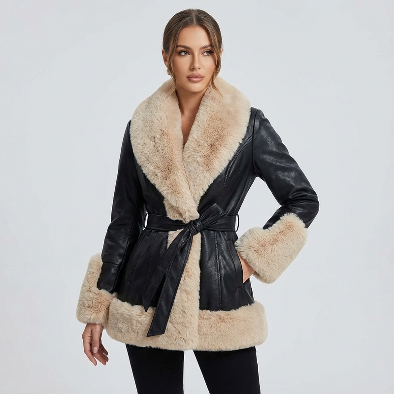 Aurora Women’s Belted Coat | Faux Fur Trim, Long Sleeves