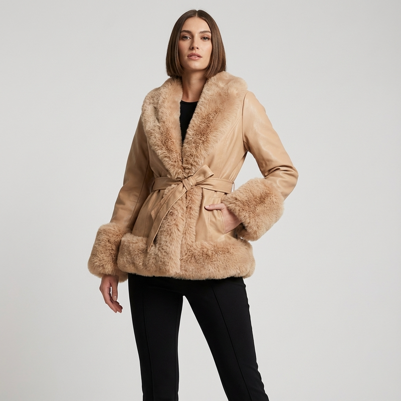 Aurora Women’s Belted Coat | Faux Fur Trim, Long Sleeves