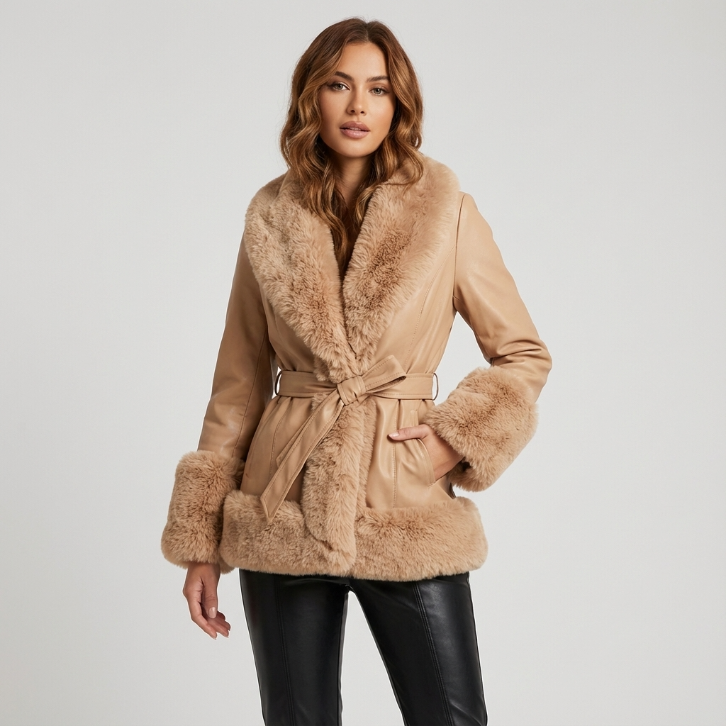 Aurora Women’s Belted Coat | Faux Fur Trim, Long Sleeves