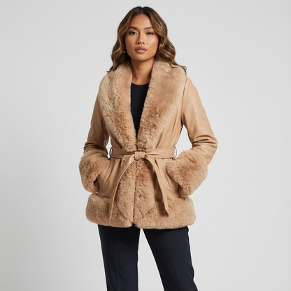 Aurora Women’s Belted Coat | Faux Fur Trim, Long Sleeves