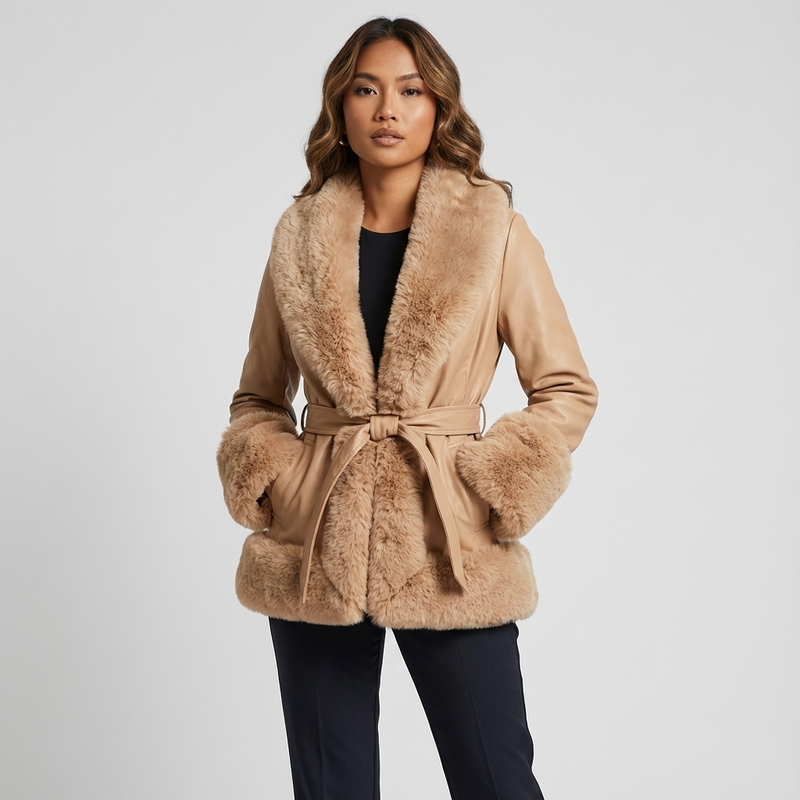 Aurora Women’s Belted Coat | Faux Fur Trim, Long Sleeves