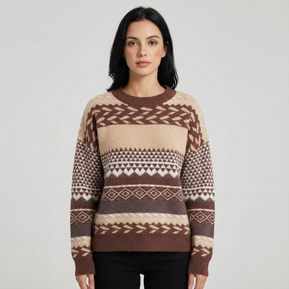 Zavira Women’s Knit Sweater | Nordic Pattern, Crew Neck