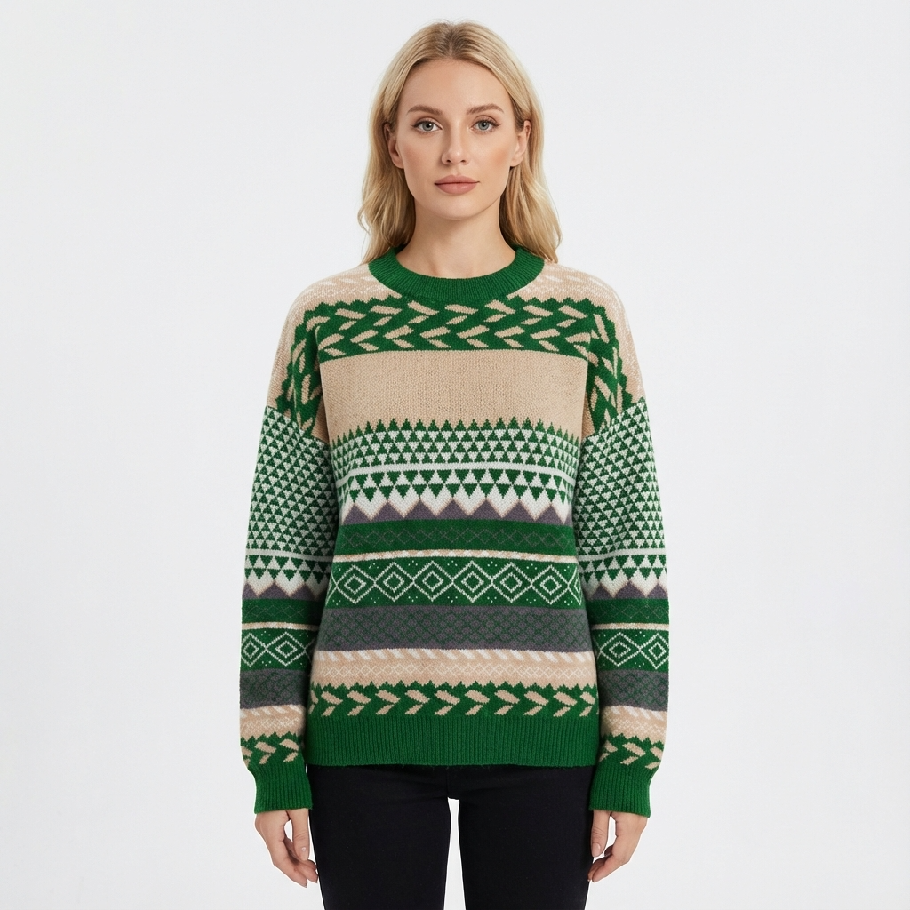 Zavira Women’s Knit Sweater | Nordic Pattern, Crew Neck