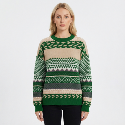 Zavira Women’s Knit Sweater | Nordic Pattern, Crew Neck