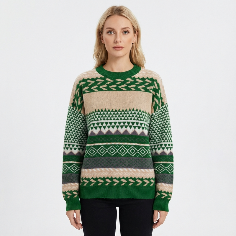 Zavira Women’s Knit Sweater | Nordic Pattern, Crew Neck