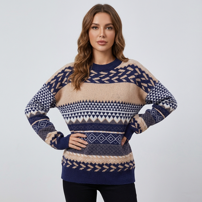 Zavira Women’s Knit Sweater | Nordic Pattern, Crew Neck