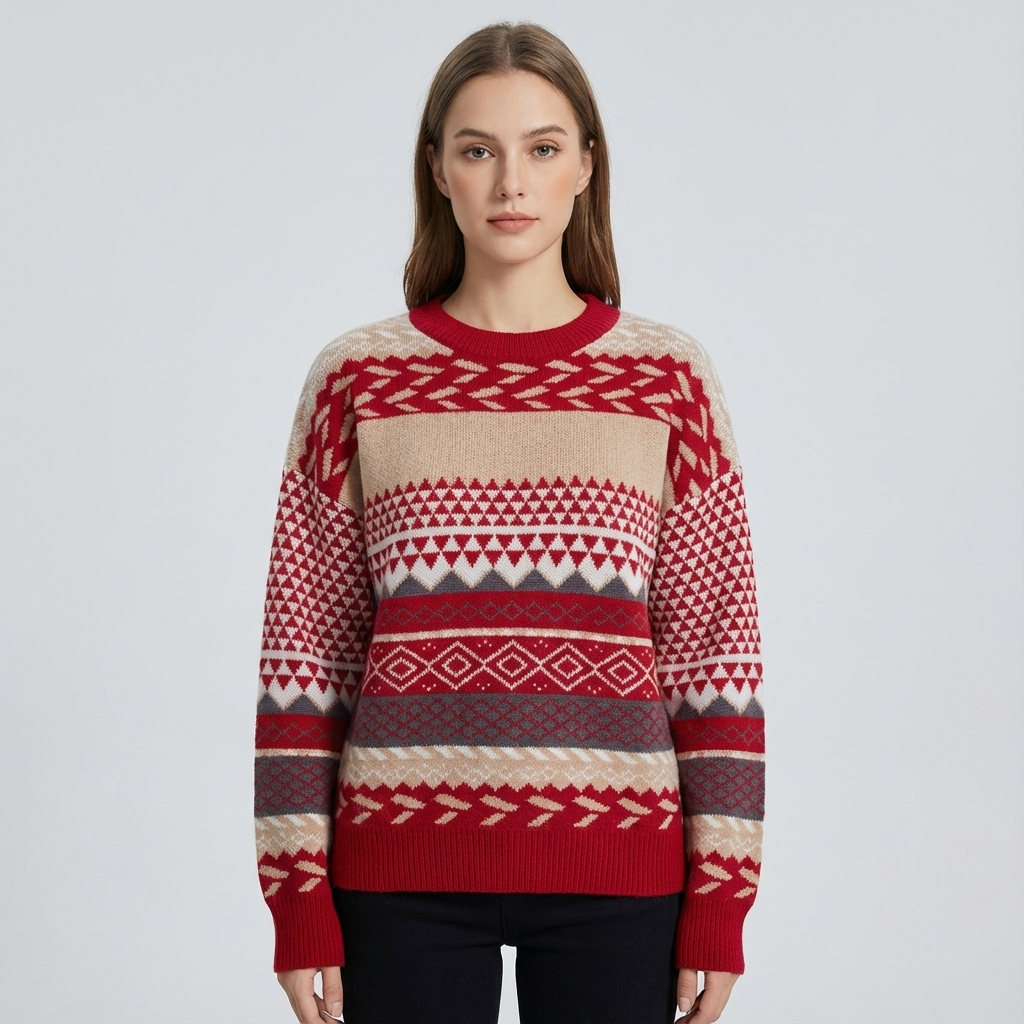 Zavira Women’s Knit Sweater | Nordic Pattern, Crew Neck