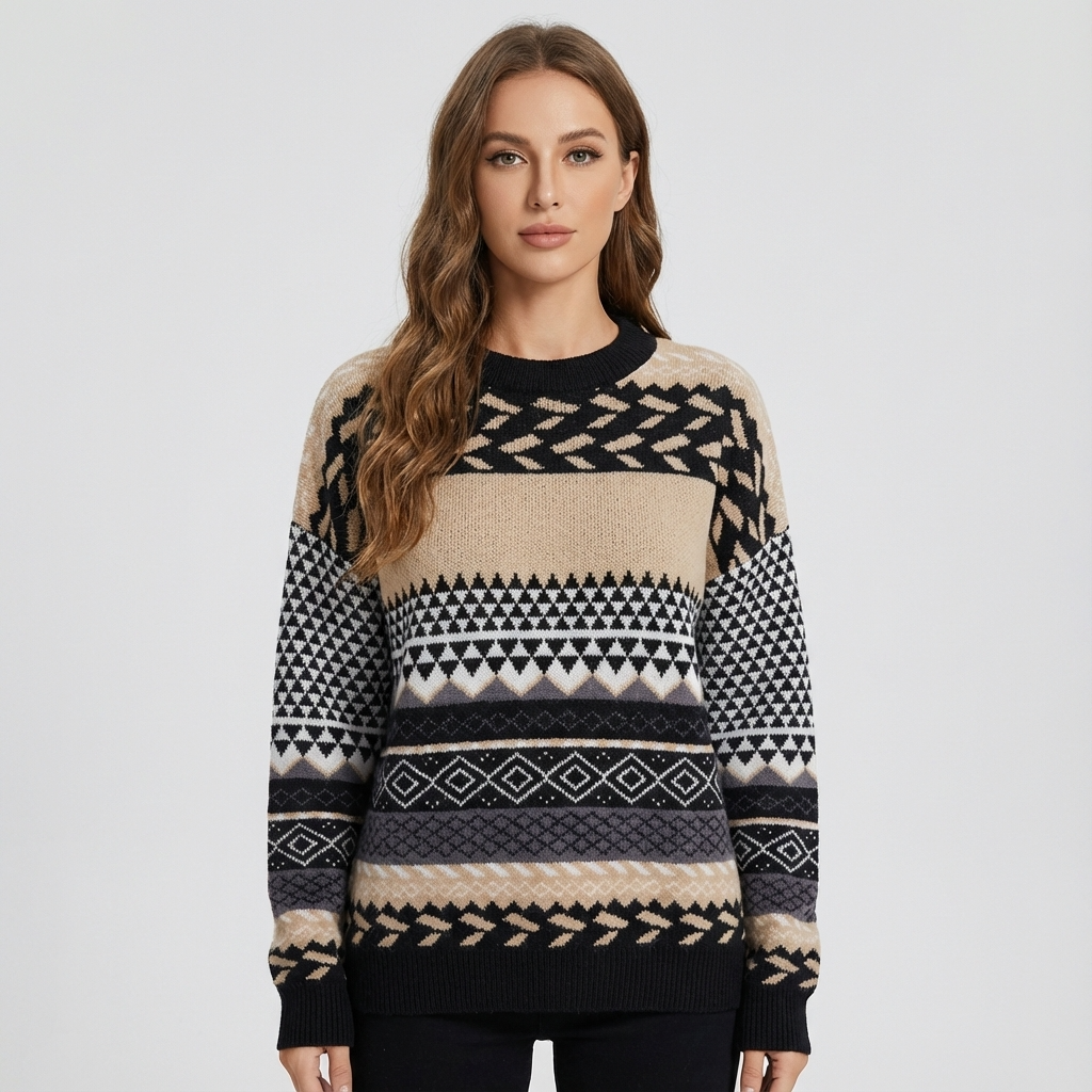 Zavira Women’s Knit Sweater | Nordic Pattern, Crew Neck