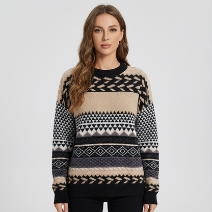 Zavira Women’s Knit Sweater | Nordic Pattern, Crew Neck