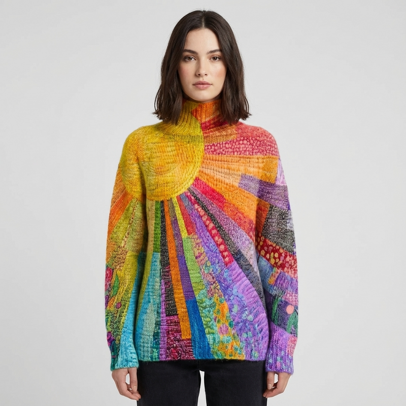 Willow Zerelle Women’s Turtleneck Sweater | Multicolor Patchwork Print, Relaxed Fit