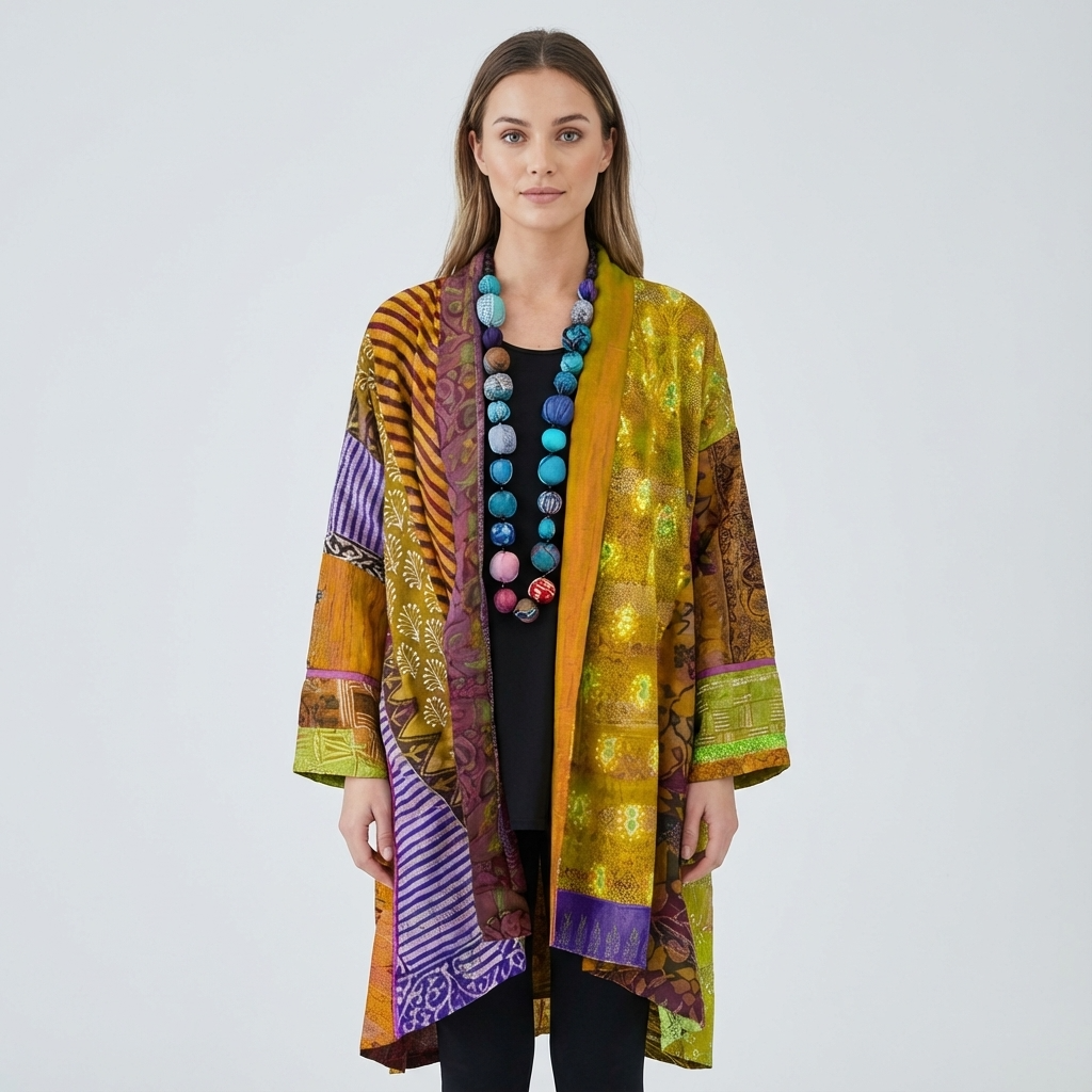 Aurex Women’s Open Cardigan | Patchwork Print, Relaxed Silhouette
