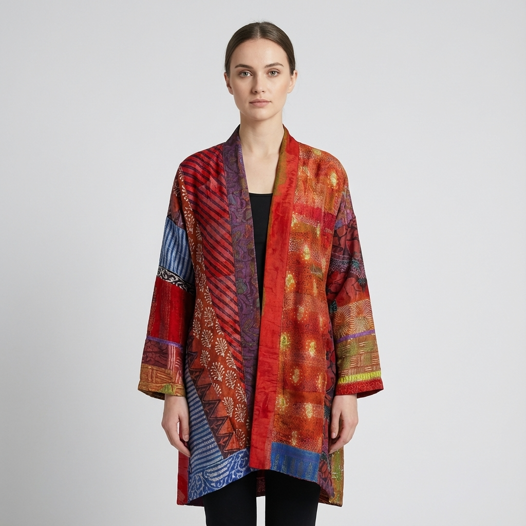 Aurex Women’s Open Cardigan | Patchwork Print, Relaxed Silhouette