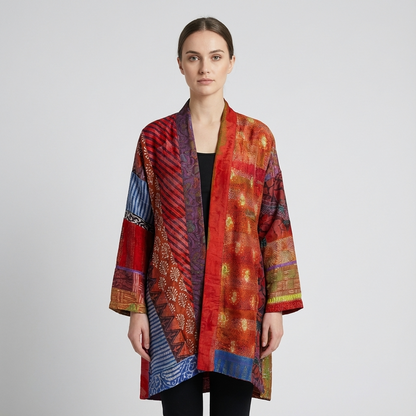 Aurex Women’s Open Cardigan | Patchwork Print, Relaxed Silhouette