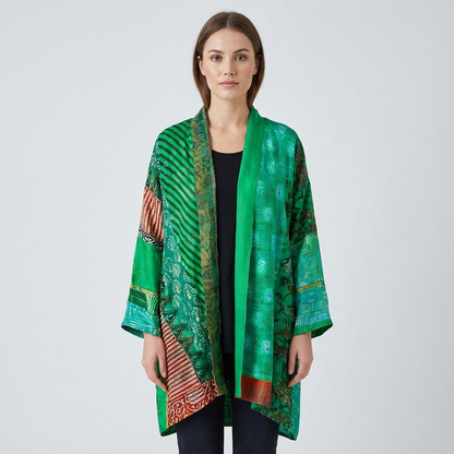 Aurex Women’s Open Cardigan | Patchwork Print, Relaxed Silhouette