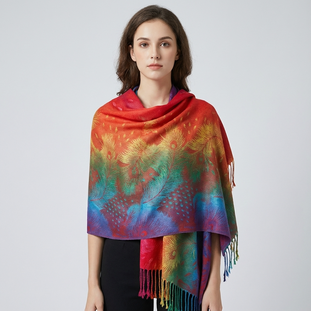 Zephyra Women’s Wrap Scarf | Multicolor Pattern, Fringed Edges