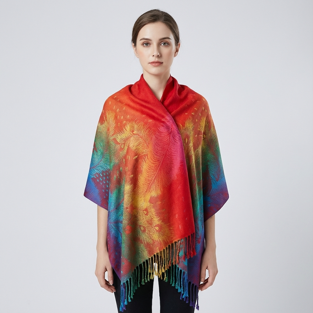 Zephyra Women’s Wrap Scarf | Multicolor Pattern, Fringed Edges