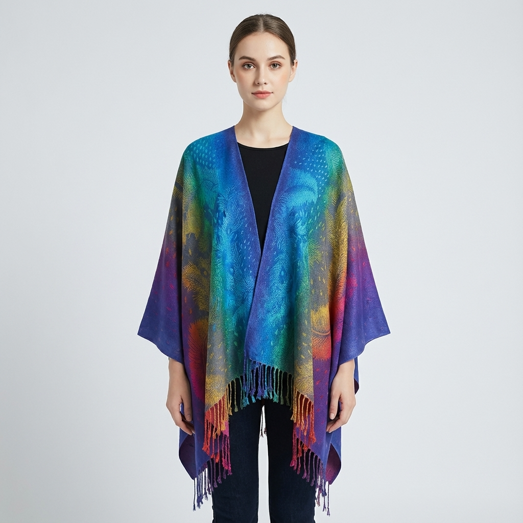 Zephyra Women’s Wrap Scarf | Multicolor Pattern, Fringed Edges