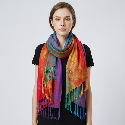 Zephyra Women’s Wrap Scarf | Multicolor Pattern, Fringed Edges