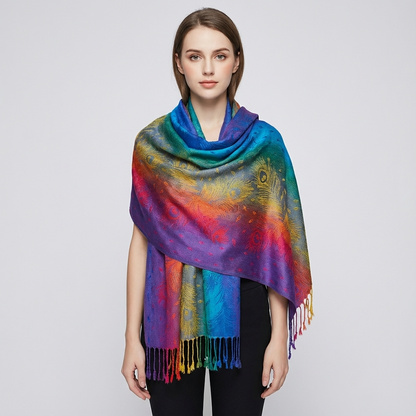 Zephyra Women’s Wrap Scarf | Multicolor Pattern, Fringed Edges