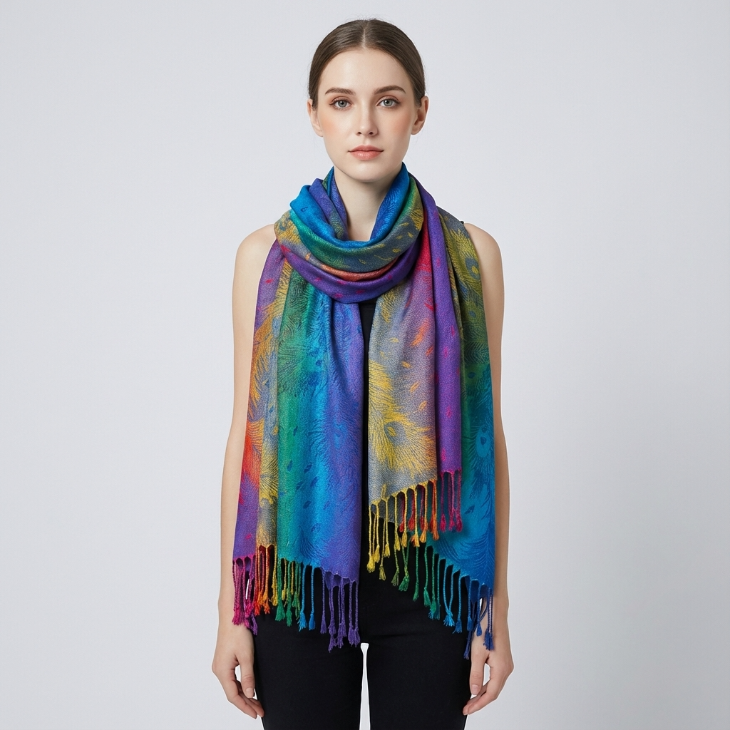 Zephyra Women’s Wrap Scarf | Multicolor Pattern, Fringed Edges