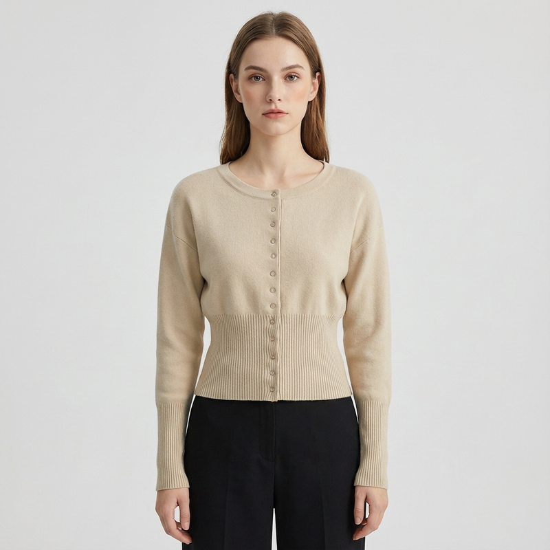 Selene Round-Neck Button Cardigan | Ribbed Waist, Slim Silhouette