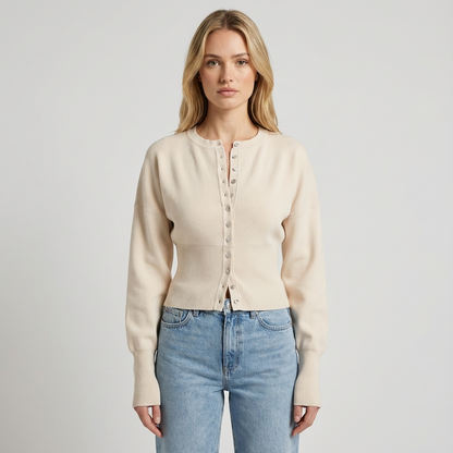 Selene Round-Neck Button Cardigan | Ribbed Waist, Slim Silhouette