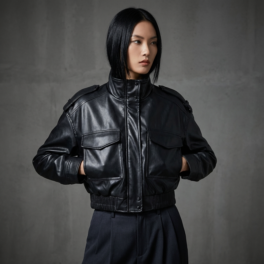 Amara Women’s Faux Leather Jacket | Stand Collar, Utility Pockets