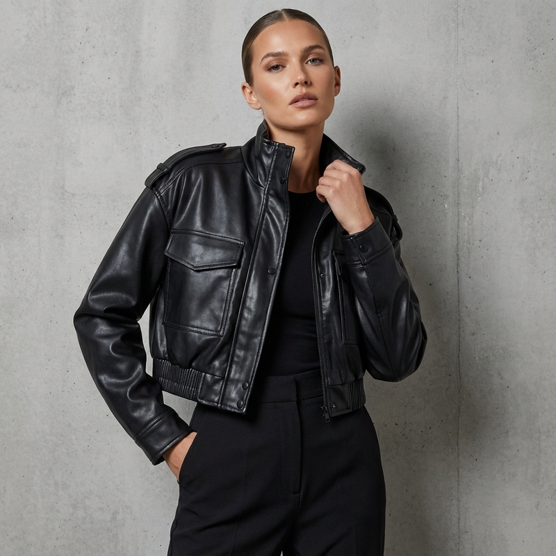 Amara Women’s Faux Leather Jacket | Stand Collar, Utility Pockets