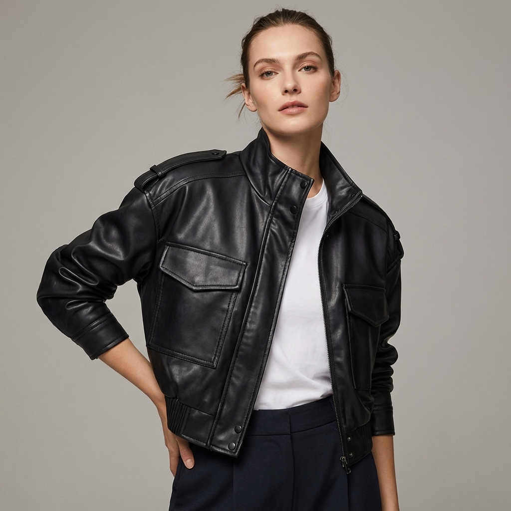 Amara Women’s Faux Leather Jacket | Stand Collar, Utility Pockets