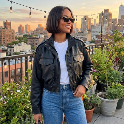 Amara Women’s Faux Leather Jacket | Stand Collar, Utility Pockets