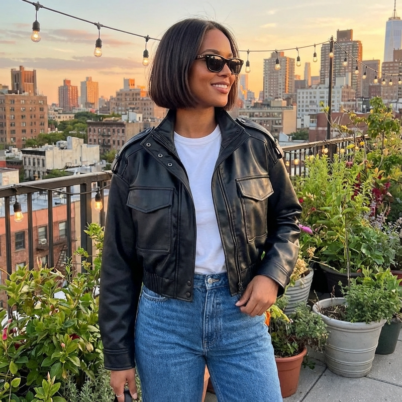 Amara Women’s Faux Leather Jacket | Stand Collar, Utility Pockets