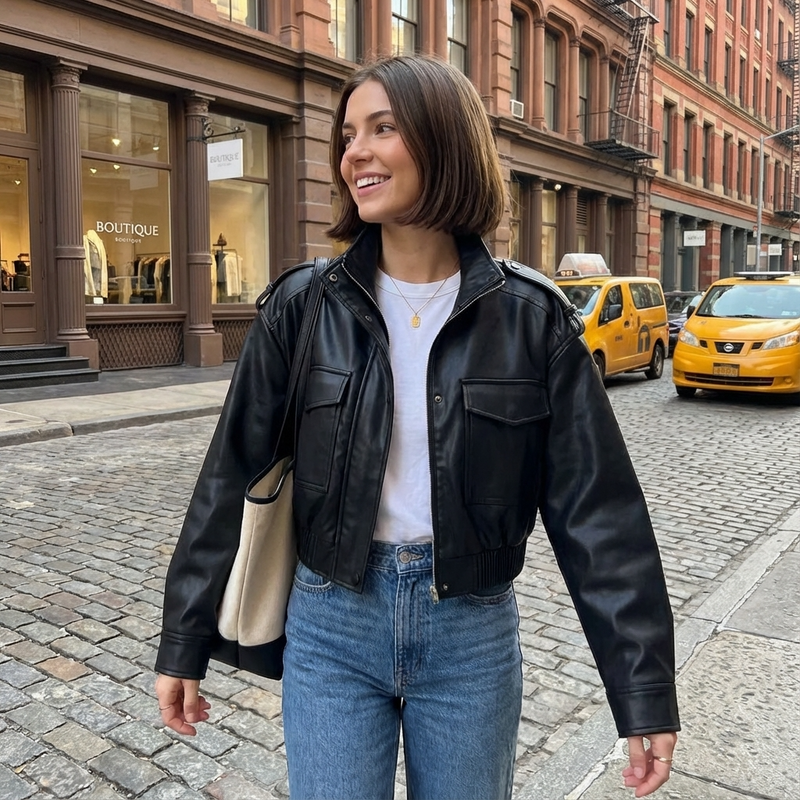 Amara Women’s Faux Leather Jacket | Stand Collar, Utility Pockets