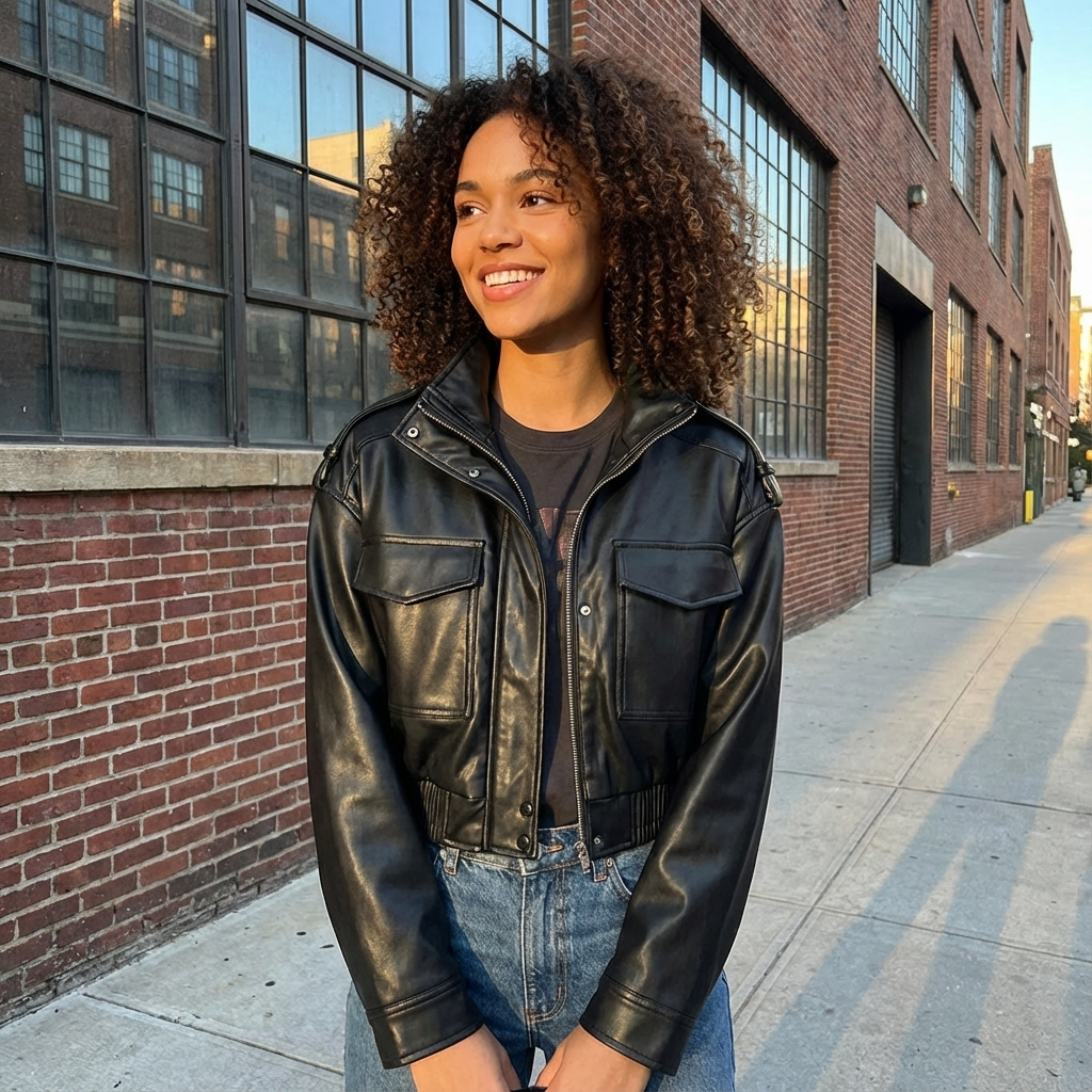 Amara Women’s Faux Leather Jacket | Stand Collar, Utility Pockets