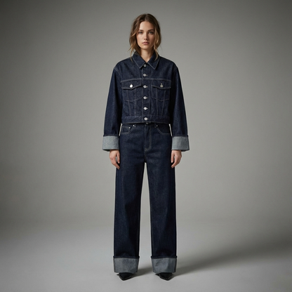 Conjunto de denim para mujer Clara | Chaqueta corta, Jeans de pierna ancha