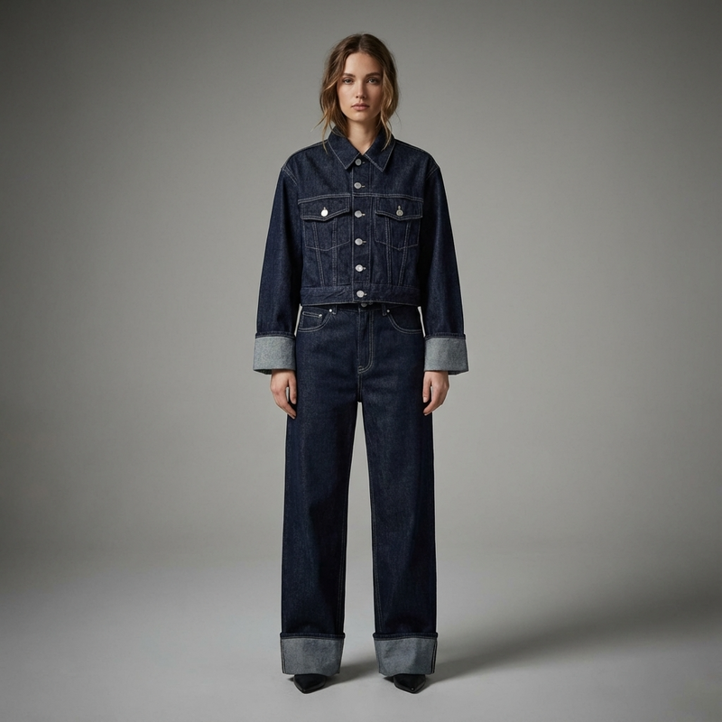 Conjunto de denim para mujer Clara | Chaqueta corta, Jeans de pierna ancha