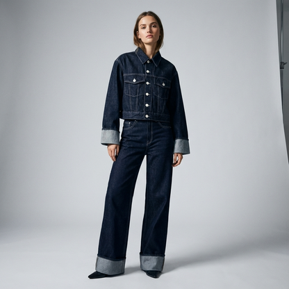 Conjunto de denim para mujer Clara | Chaqueta corta, Jeans de pierna ancha